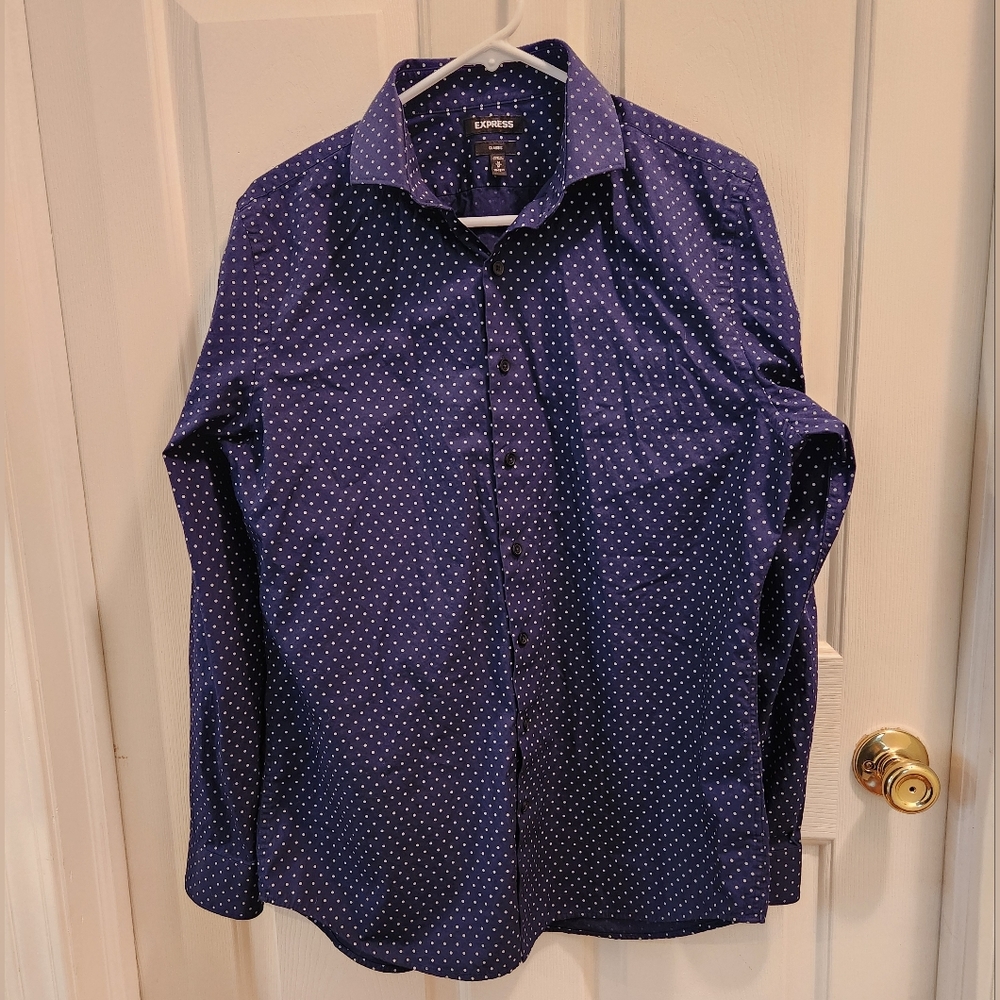 Express Men Button Down Dress Shirt Long Sleeves Navy Polka Dot